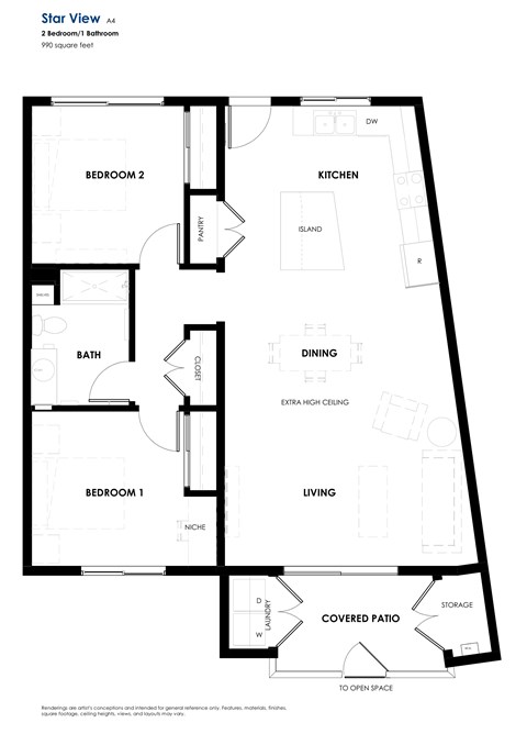 Floor plan for 2 beds, 1 bath, 990 sqft